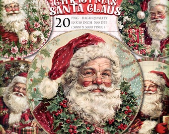 Christmas Santa Claus Round Ornaments, Watercolor Clipart Bundle 20 HQ Printable PNG image Junk Journal scrapbook Decoupage instant download