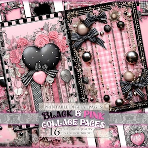Páginas de collage en negro y rosa y ATC, etiquetas, imagen JPG HQ 16 imprimible, diario basura, álbum de recortes, creación de manualidades efímeras, descarga instantánea.