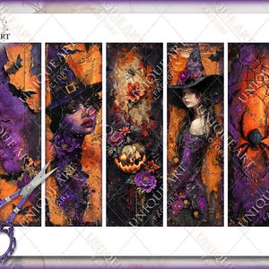 May include: A set of five vertical art prints with a Halloween theme. The prints feature witches, pumpkins, spiders, and bats in a dark, artistic style with orange, purple, and black colors. The prints have the text "UNIQUE ART FACTORY".