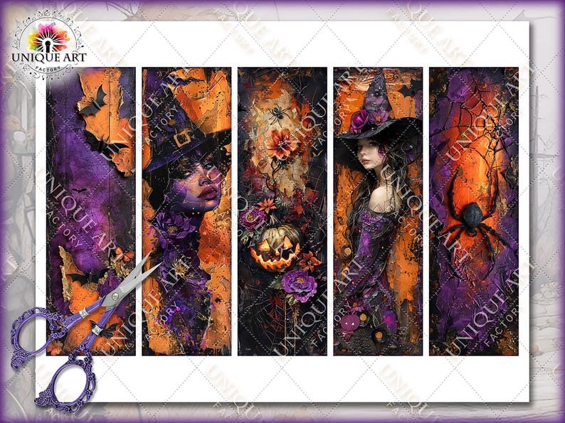 May include: A set of five vertical art prints with a Halloween theme. The prints feature witches, pumpkins, spiders, and bats in a dark, artistic style with orange, purple, and black colors. The prints have the text "UNIQUE ART FACTORY".