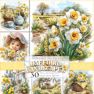 Påskliljalandskap Clipart-set, utskrivbara 30 JPEG-bilder, vildblommande ängsscener, blommig rustik stuga konst landsbygd (digital nedladdning)