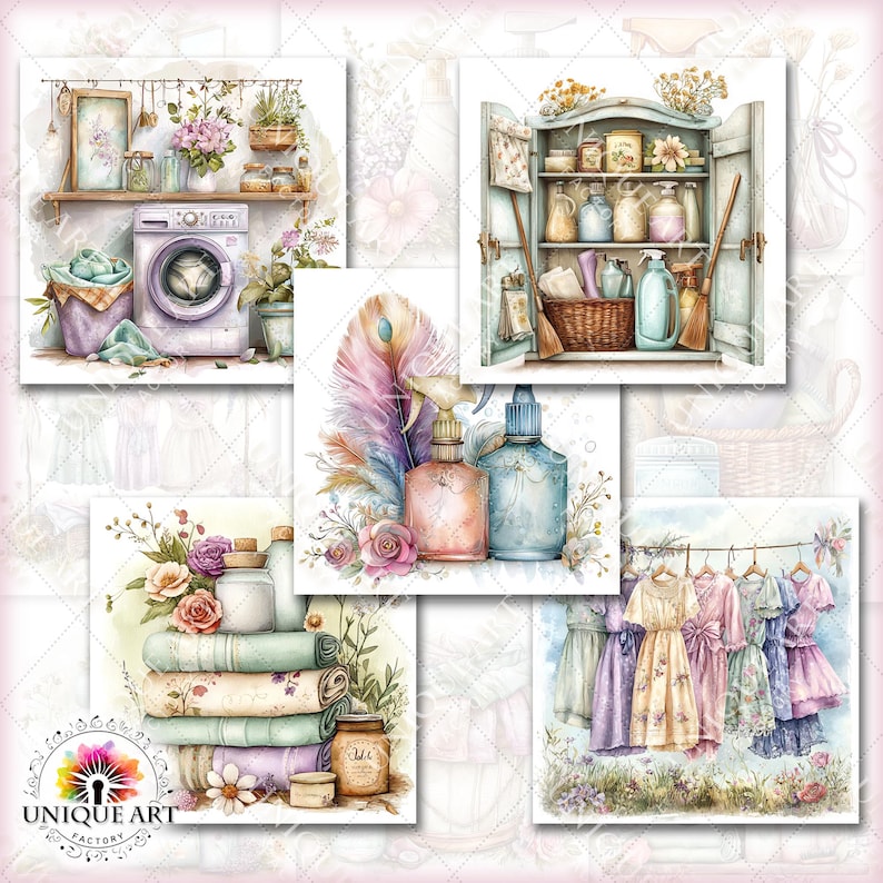 May include: Watercolor illustrations of a laundry room, cleaning supplies, and dresses. The laundry room features a washing machine, shelf with plants, and a basket of towels. Cleaning supplies include spray bottles and soaps. Dresses are hanging on a clothesline.