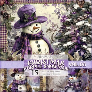 Bonhomme de neige violet Vol.03, image imprimable de paysage d'hiver de Noël 15 HQ JPG, page éphémère de journal de scrapbooking, téléchargement immédiat.