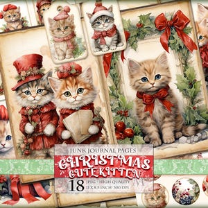 Niedliches Weihnachtskätzchen, druckbares Qp 18 JPG Bild, Aquarell Junk Journal Kit, Sammelalbum, Ephemera, Tags, digitale Seiten, Sofort Download.