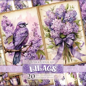 Lilacs, Watercolor Floral Junk Journal Kit, 20 JPG - 11X8,5 cala, Natychmiastowe pobranie i wydrukowanie, Cyfrowy arkusz kolażu