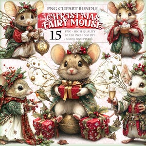 Ratón de hadas navideño, paquete de 15 imágenes prediseñadas PNG de alta calidad imprimibles, descarga instantánea de imágenes de sublimación transparentes de corte quisquilloso para diario basura de álbum de recortes.