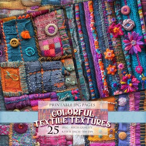 Op de afbeelding: Een close-up van een patchwork van kleurrijke textieltexturen. De afbeelding toont verschillende stoffen met gedetailleerde stiksels, borduursels en versieringen. Het kleurenpalet omvat tinten blauw, paars, oranje en roze. De tekst op de afbeelding luidt "COLORFUL TEXTILE TEXTURES".