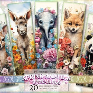 Bladwijzers lente dieren, digitale aquarelvellen, 2 x 6,5 inch 20 bladwijzers op 4 afdrukbare JPG-pagina's, direct downloaden.
