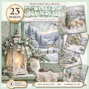 May include: A digital collection of 23 winter-themed images titled Winter Mint Serenity, featuring a rustic lantern, a pitcher with a snowflake, and snowy landscapes with houses, sheep, a vintage car, and a lighthouse, all in 10x10 inch 300 DPI format.