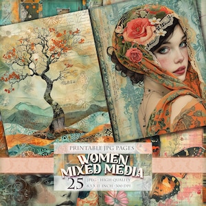 Techniques mixtes pour femmes, image imprimable 25 HQ JPG, portrait de jeune fille, journal indésirable, pages de collage de scrapbooking éphémères Fournitures créatives Téléchargement instantané.