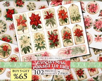 Étiquettes de poinsettia de Noël, ATC, embellissements aquarelles pour carnets, 102 pièces en 7 pages imprimables, feuilles de collage numérique