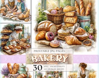 Bakery Clipart Set, Printable 30 JPG image, Rustic Bread and Vintage Pastry Illustrations