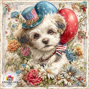 May include: A digital illustration of a fluffy white and brown dog wearing a patriotic top hat and holding a red balloon. The dog is surrounded by colorful flowers, with a vintage-style frame.