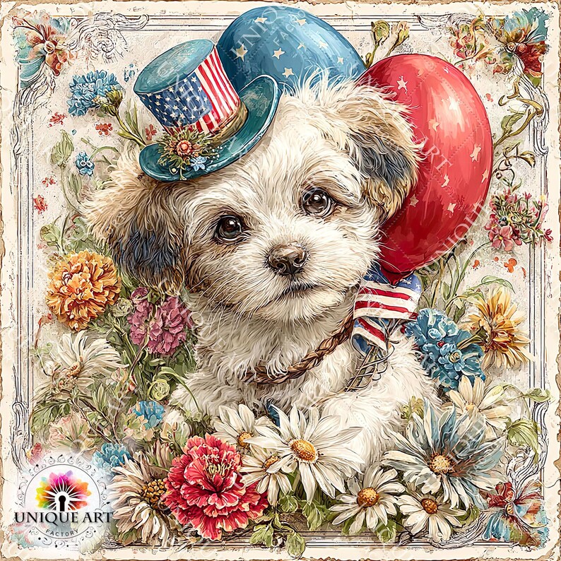 May include: A digital illustration of a fluffy white and brown dog wearing a patriotic top hat and holding a red balloon. The dog is surrounded by colorful flowers, with a vintage-style frame.