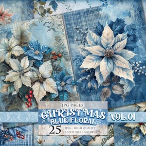 Fond floral bleu de Noël Vol.01, image imprimable 25 JPG, pages de scrapbooking éphémères, carte postale de journal indésirable, téléchargement immédiat.