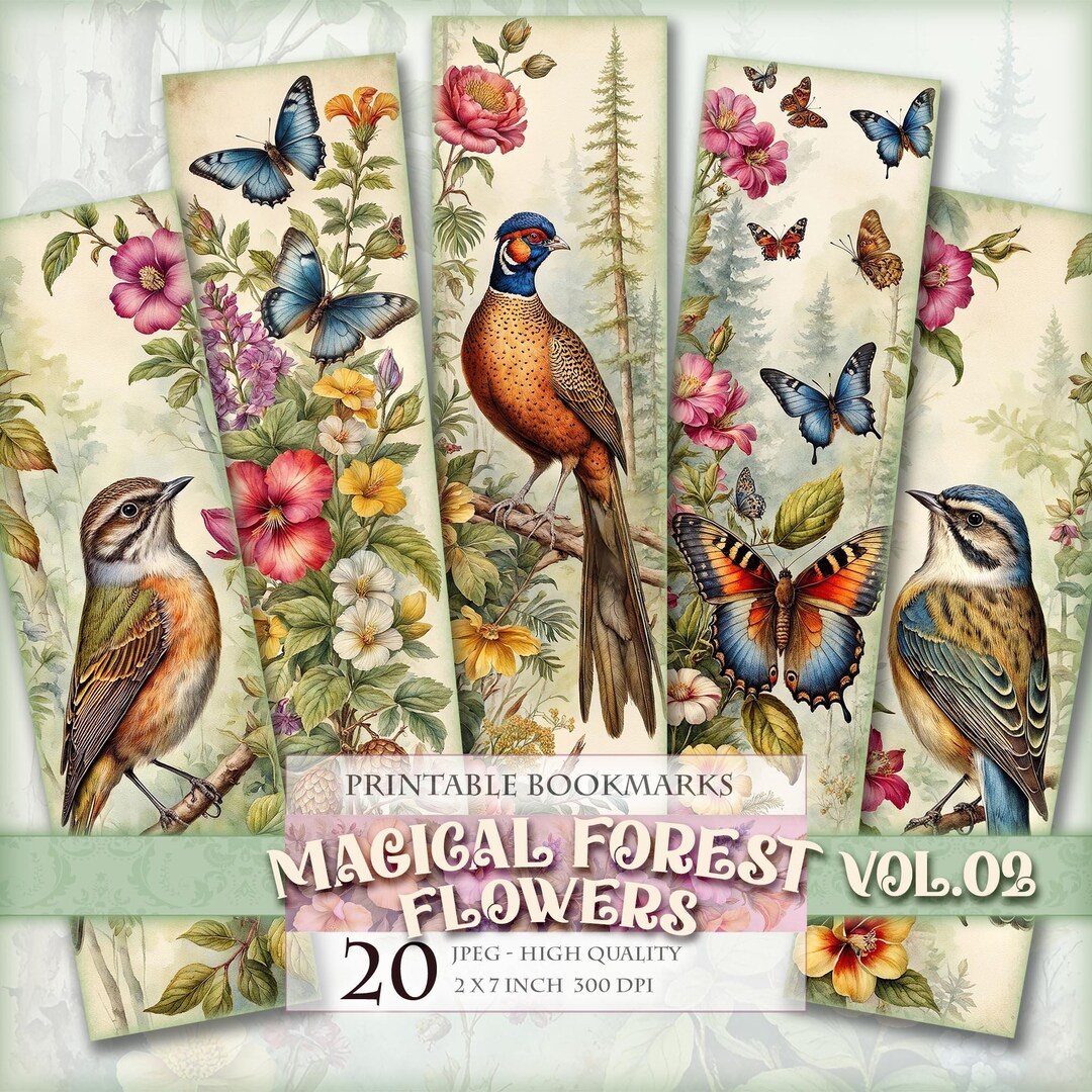 Magical Forest Flowers Vol.02, 2x7 Inch 20 Bookmarks in 4 Printable JPG ...