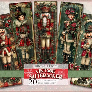 Marcadores de página vintage de quebra-nozes de Natal, folhas digitais de aquarela, 2 x 6,5 polegadas, 20 marcadores em 4 páginas JPG para impressão, download instantâneo.