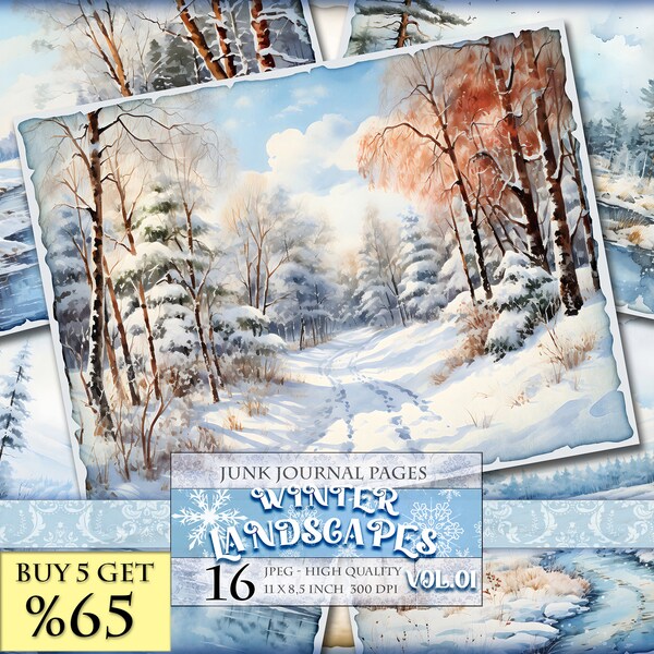 Winter Landscapes Vol.01, Watercolor Printable Junk Journal Pages, 16 JPG - 11X8,5 inch, Instant download Digital collage sheets