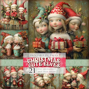 Elfos fofos de Natal, imagens digitais para impressão HQ 21 JPG, scrapbook, diário de decoupage, cartão postal, aquarela, clipart Download instantâneo.