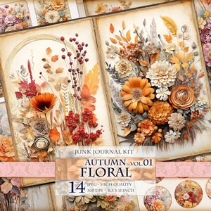 Autumn Floral Vol.01, herfstbloemen aquarel Junk Journal Kit, 14 JPG - 8,5 x 11 inch, direct download en afdrukbaar, digitaal collageblad