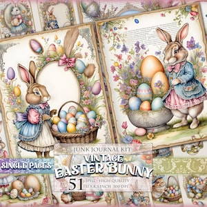 Oeufs et lapin de Pâques vintage, kit de journal indésirable à l'aquarelle, impression 51 pages JPG d'une seule page - 30 x 8,5 pouces, téléchargement immédiat.