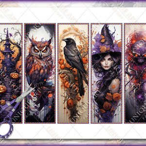 May include: Four vertical panels with Halloween themes. The first panel shows a spooky house with a jack-o-lantern on the steps. The second panel features a brown and black owl with orange eyes. The third panel shows a raven perched on a branch with orange and red berries. The fourth panel depicts a witch with a purple hat and a skull with glowing red eyes.