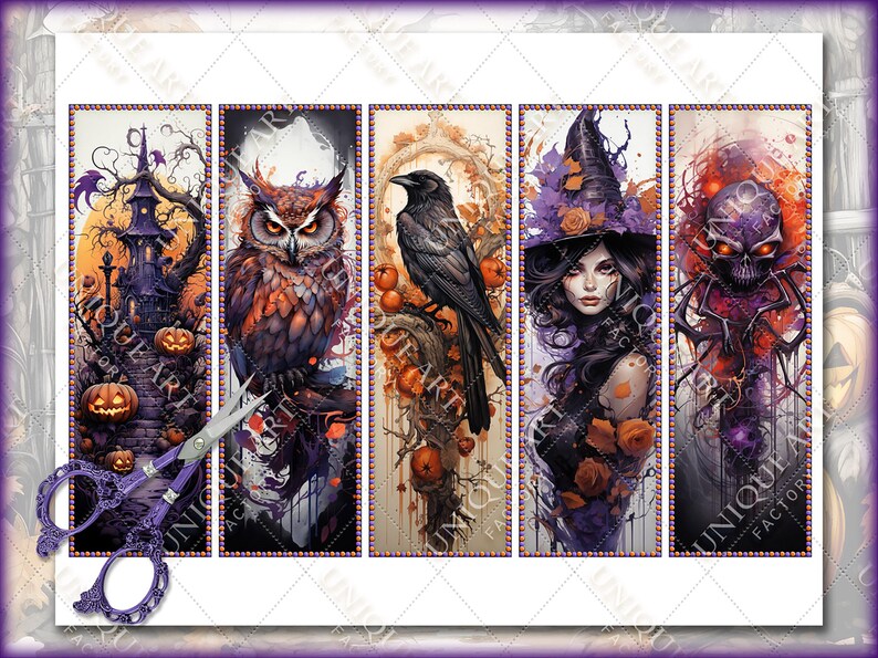 May include: Four vertical panels with Halloween themes. The first panel shows a spooky house with a jack-o-lantern on the steps. The second panel features a brown and black owl with orange eyes. The third panel shows a raven perched on a branch with orange and red berries. The fourth panel depicts a witch with a purple hat and a skull with glowing red eyes.