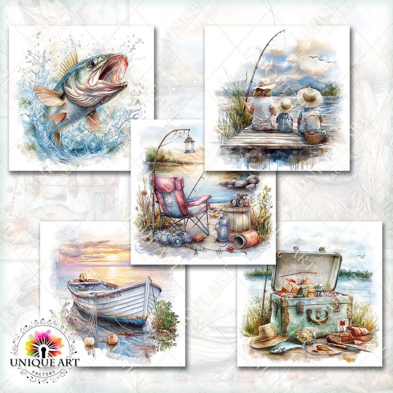 May include: A collection of watercolor art prints featuring fishing themes. The prints depict scenes of fishing, including a boat, a bass jumping out of water, and people fishing. The color palette includes blues, greens, and earth tones.