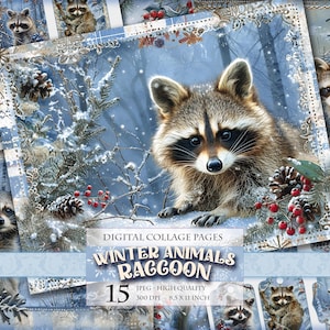 Wintertiere - Waschbär, Schneelandschaft, druckbares JPG Bild, Junk Journal, Scrapbook, Ephemera Fussy Cuts Clipart Sofortiger Download.