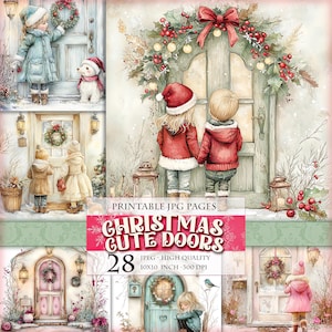 Portas fofas de Natal, 28 imagens digitais JPG para impressão, pacote de clipart de Noel para scrapbook, diário de decoupage, cartão postal, download instantâneo.