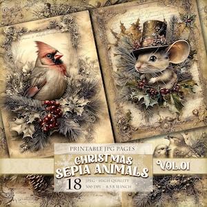 Animaux de Noël sépia Vol.01, images imprimables HQ 18 JPG 8,5 X 11 pouces, images vintage aquarelles, découpage de cartes postales, téléchargement immédiat.