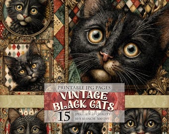 Halloween Black Cats, Printable 15 JPG image, Gothic Horror Digital Art Junk Journal, Spooky Scrapbook Creepy Ephemera, Instant download.