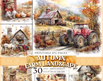 Paisaje de granja otoñal, imprimible (30 imágenes JPG), juego de papeles digitales para scrapbooking con acuarela rústica campestre.