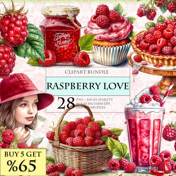 Raspberry Love - Raspberry themed watercolor clipart bundle, HQ Printable PNG format instant download