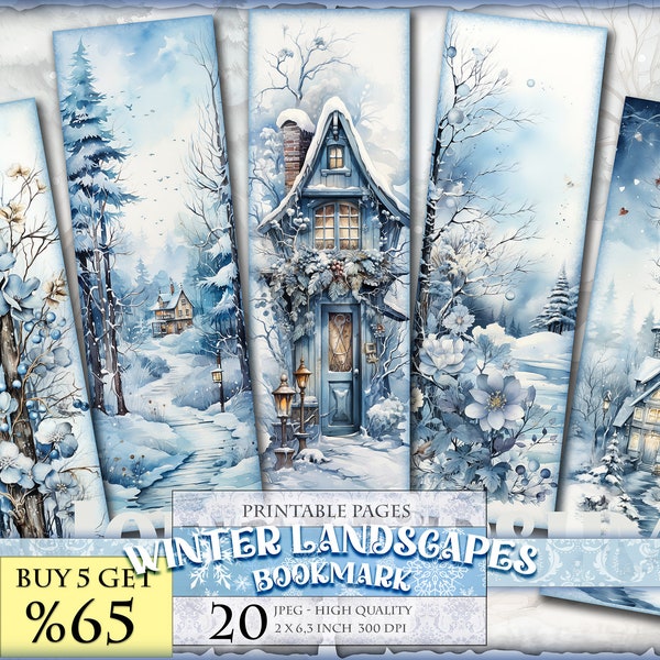 Winter Landscape Bookmarks, Snowly View, Watercolor Digital Sheets, 2x6,3 inch 20 bookmarks in 4 printable JPG pages, Instant download.