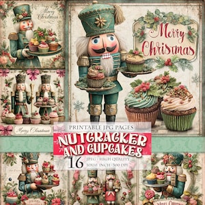 May include: A digital collage with a Christmas theme, featuring nutcracker figures in teal uniforms carrying cupcakes. The words "Merry Christmas" are displayed, along with the text "Nutcracker and Cupcakes" and "16" on a red banner. The image is 25.4 x 25.4 cm.