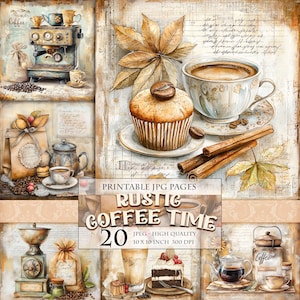 Rustic  Coffee Time, Printable 20 JPG image, Vintage Coffee Scenes Junk Journal Folio Pages Scrapbook Ephemera Wall Art, Instant download.