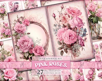 Kit de diário de aquarela floral com rosas cor de rosa, 27 imagens JPG para impressão, álbum de recortes, cartão postal, itens efêmeros para decoupage, cortes elaborados, download instantâneo.