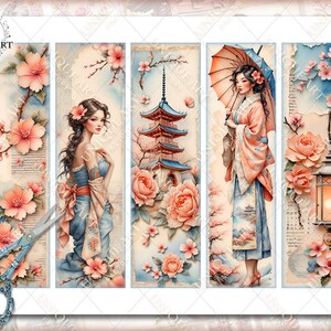 Geisha Bookmarks, Watercolor Digital Sheets, 2x7 Inch 25 Bookmarks in 5 ...