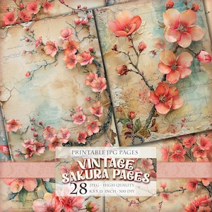 Páginas de Sakura vintage, imagen JPG de alta calidad imprimible de 25, página de álbum de recortes de acuarela, cubierta de diario basura, papel efímero, decoupage, descarga instantánea.