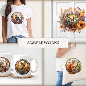 May include: A set of four different designs featuring autumnal themes. The designs include a bird on a branch, a deer in a wreath, a rabbit in a forest, and a squirrel in a wreath. The designs are printed on a white t-shirt, a tote bag, and two mugs.