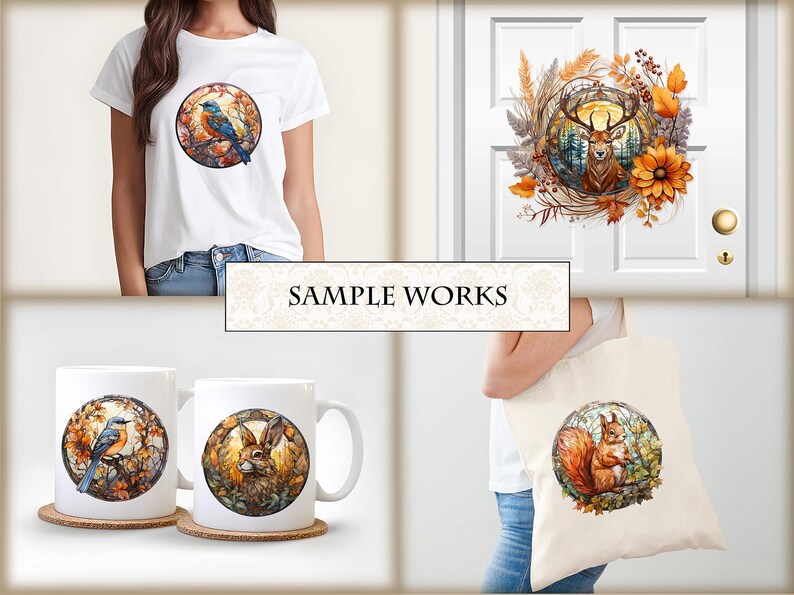 May include: A set of four different designs featuring autumnal themes. The designs include a bird on a branch, a deer in a wreath, a rabbit in a forest, and a squirrel in a wreath. The designs are printed on a white t-shirt, a tote bag, and two mugs.