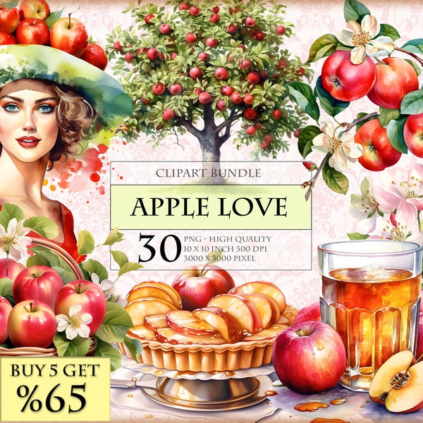 Apple Love - Apple and Blossom themed Watercolor Clipart Bundle - HQ Printable PNG format instant download.