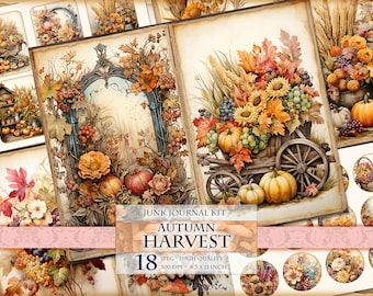 Autumn Harvest, Fall Themed Watercolor Junk Journal Kit, Printable 18 JPG image, Scrapbook Ephemera Tag Making, Instant download.