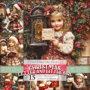 Carta de Navidad y niña, paisaje invernal, 15 imágenes JPG de alta calidad para imprimir, álbum de recortes, diario basura, postal, decoupage, descarga instantánea.