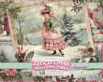 Mixed Pink Pages Vol.02 Junk Journal images, Nostalgic Winter Scenes, Digital Paper