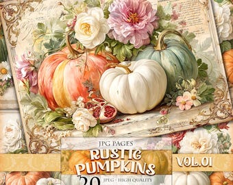 Autumn Rustic Pumpkins Vol.01, Printable 20 JPG image, Fall Harvest vintage junk journal page digital ephemera decoupage, instant download.