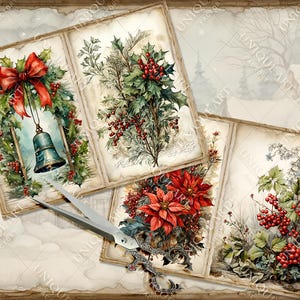 May include: Four vintage-style Christmas cards with illustrations of holly, berries, and poinsettia. The cards have a distressed, aged look and are perfect for scrapbooking or crafting.