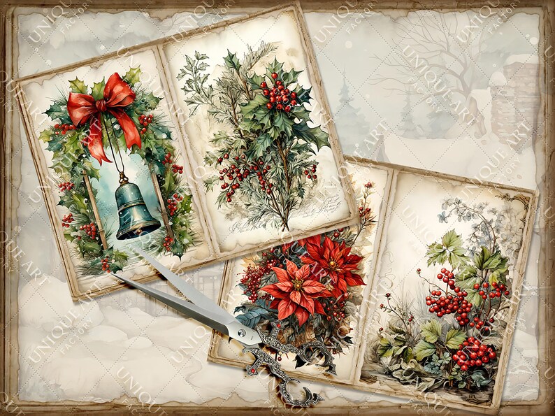 May include: Four vintage-style Christmas cards with illustrations of holly, berries, and poinsettia. The cards have a distressed, aged look and are perfect for scrapbooking or crafting.