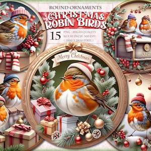 Pássaros de Natal Robin, enfeites redondos, imagem 15 PNG para impressão, clipart em aquarela, guirlandas para pendurar na porta, download instantâneo.